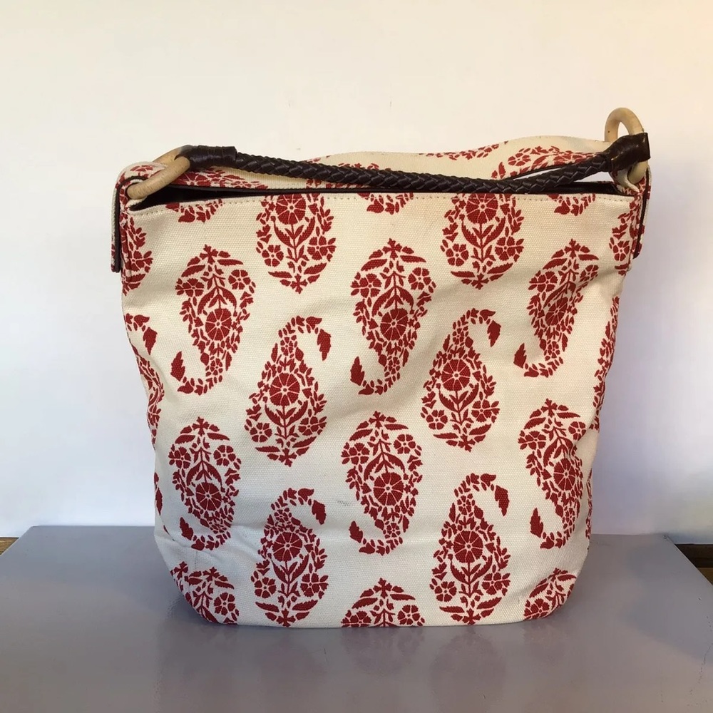 Stephanie Johnson Canvas Paisley Beige & Red Canvas Tote Purse Shoulder Bag